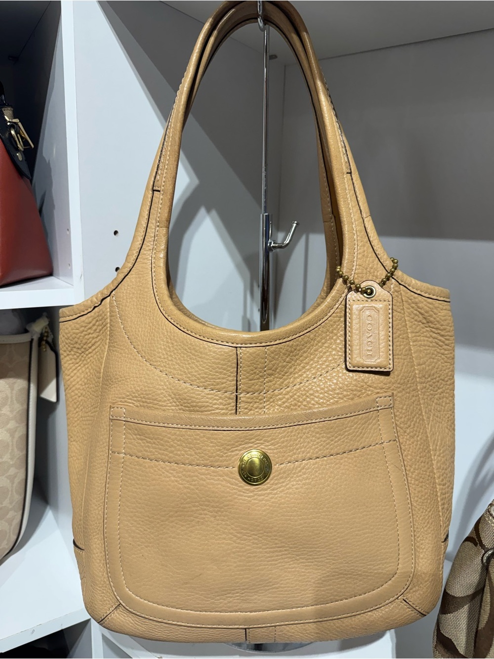 Coach Beige Leather Shoulder Bag with Gold Hardware